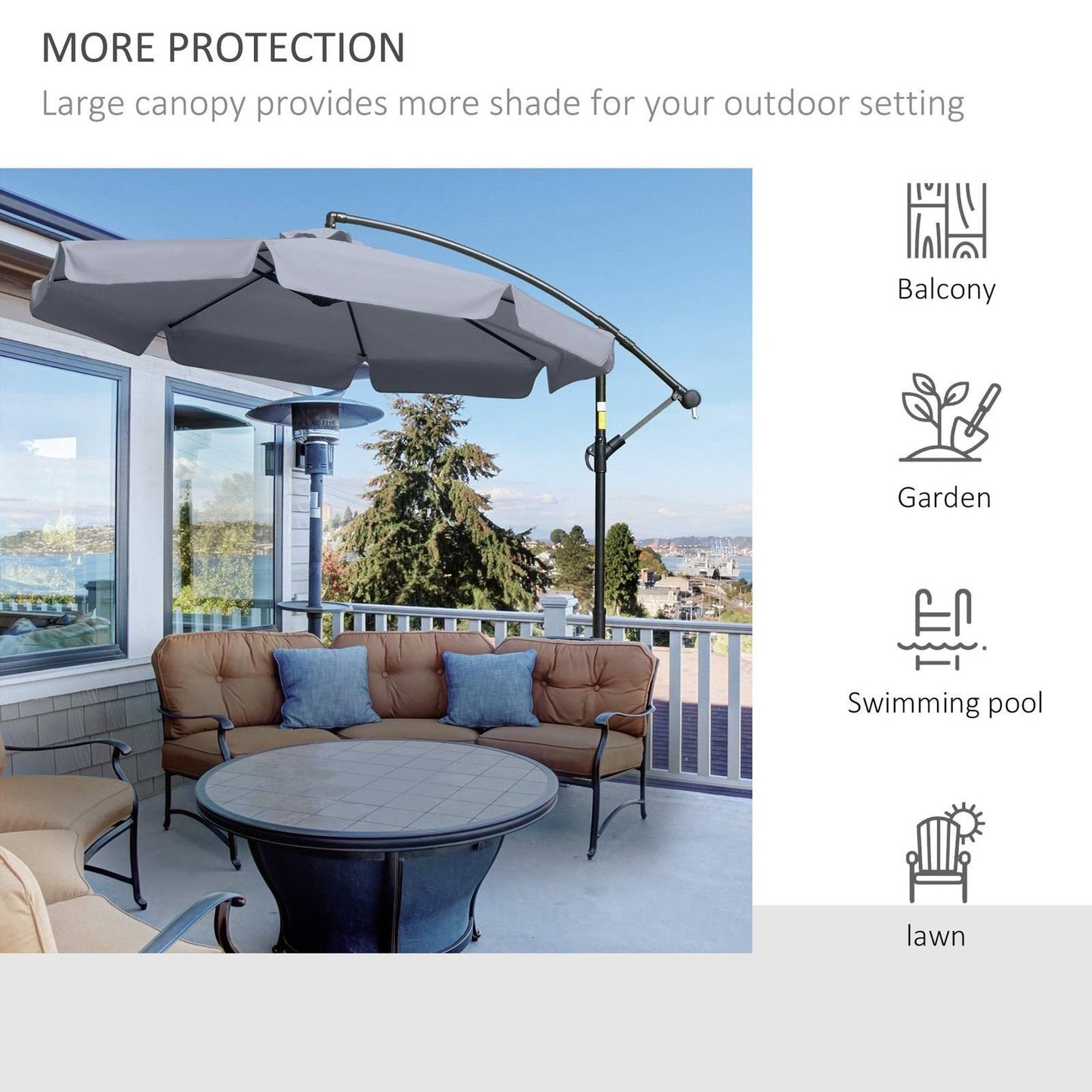 2.7M Garden Banana Parasol Cantilever Umbrella With Crank Handle And Cross Base For Outdoor