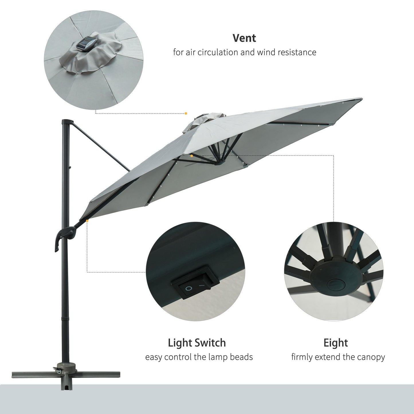 3M LED Cantilever Parasol Garden Sun Umbrella w/ Cross Base and Solar Lights Grey