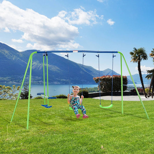 Metal Garden Swing Set Height Adjustable Children Outdoor Backyard Play Set for Toddlers Over 3 Years Old