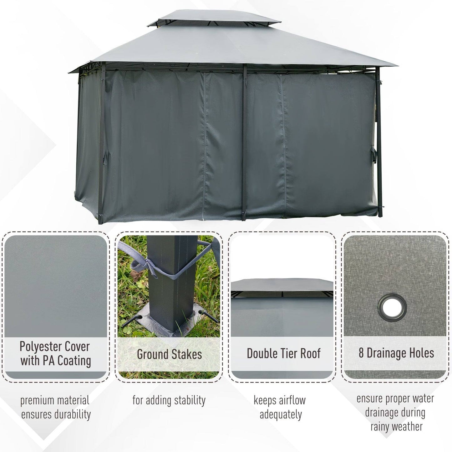 4m x 3M Steel Gazebo Canopy Party Tent Garden Pavillion Patio Shelter Pavilion with Curtains Sidewalls Grey