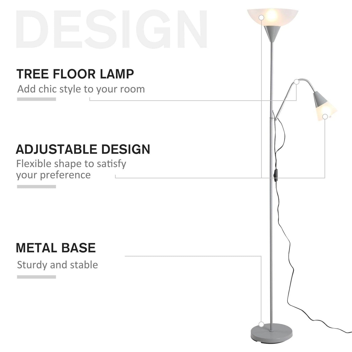 Modern Floor Reading Lamp 2 Adjustable Heads Light Steel Base Living Room Bedroom Office