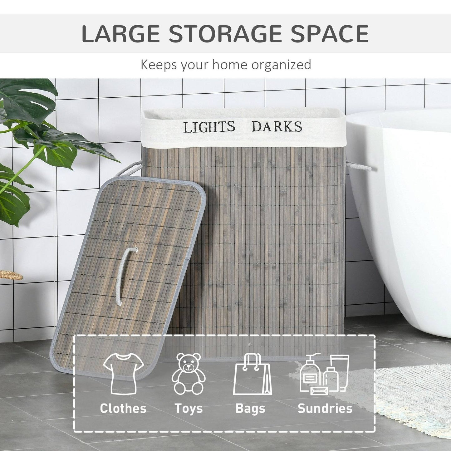 100L Two-Compartment Wooden Laundry Basket With Flip Lid And Handles ? Grey