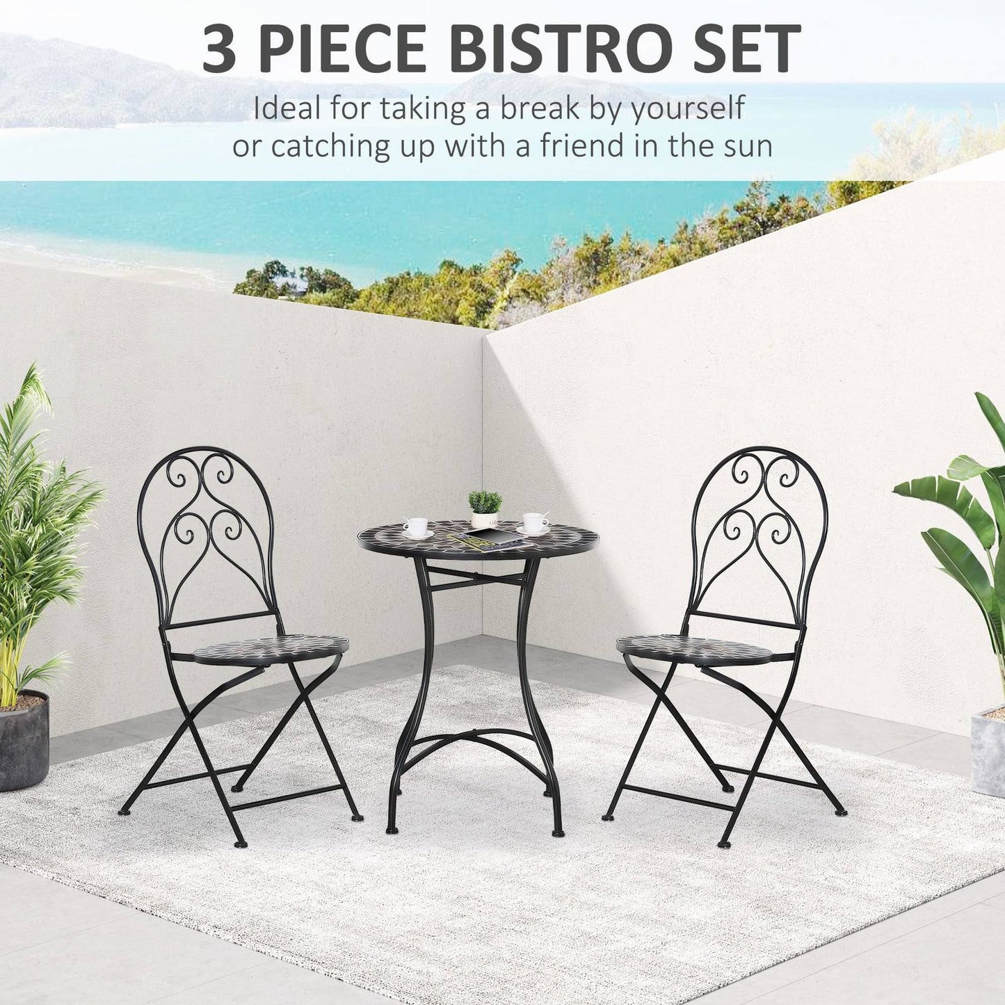 3-Piece Garden Bistro Set with Coffee Table and 2 Folding Chairs
