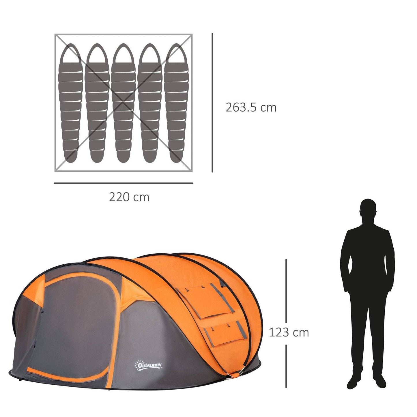 4-5 Person Pop-up Camping Tent Waterproof Family Tent w/ 2 Mesh Windows & PVC Windows Portable Carry Bag for Outdoor Trip Orange