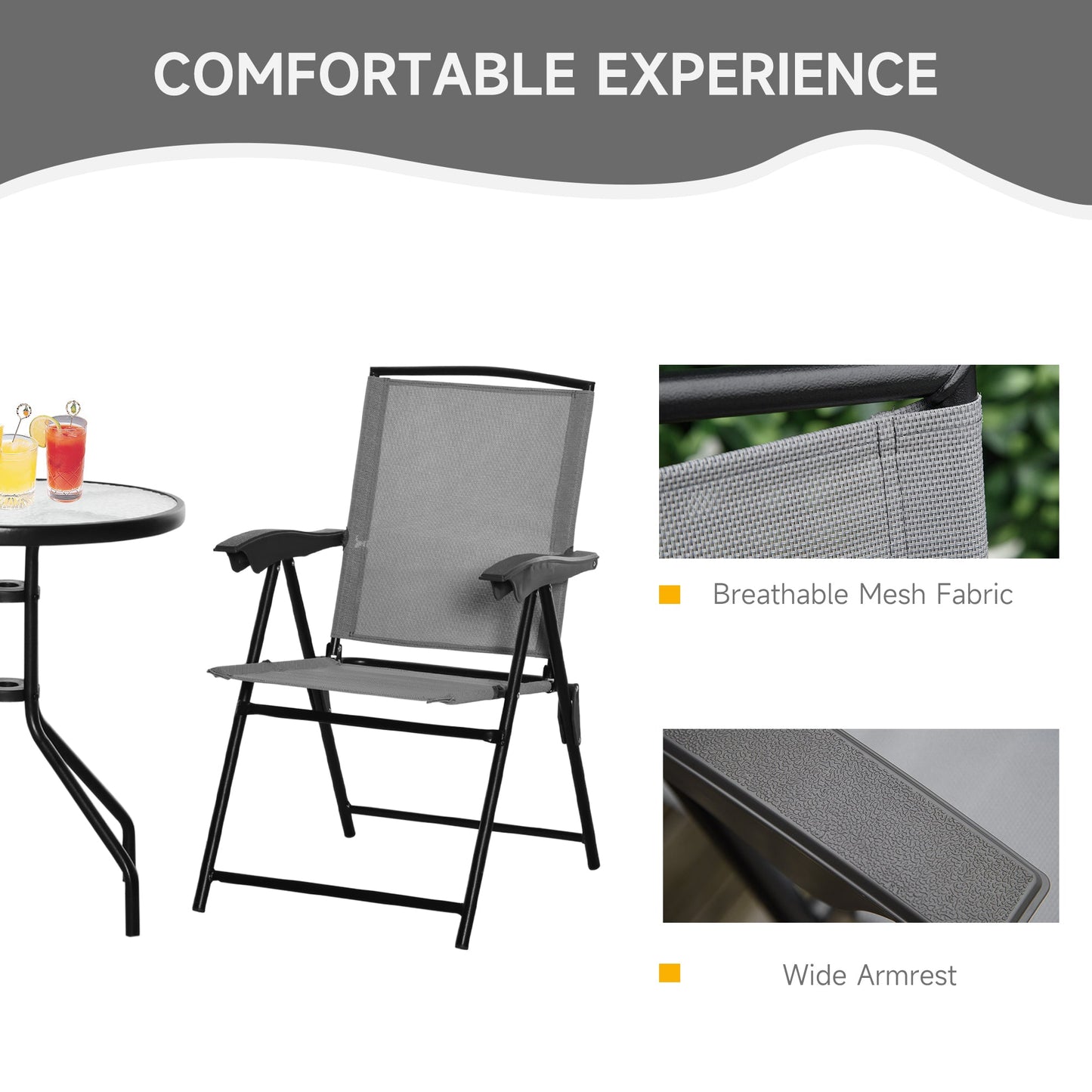 3-Piece Patio Furniture Bistro Set 2 Folding Chairs 1 Tempered Glass Table Adjustable Backrest - Grey