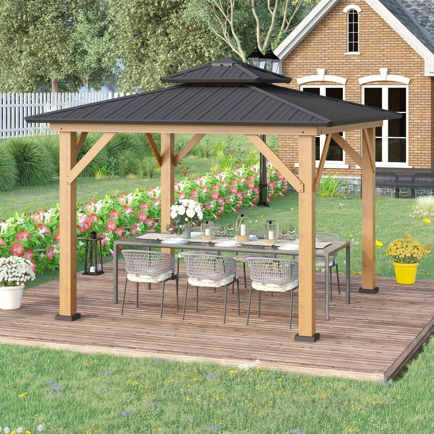 3.5 x 3.5m Outdoor Hardtop Gazebo Canopy with Two-tier Metal Roof and Solid Wood Frame Outdoor Patio Shelter for Patio