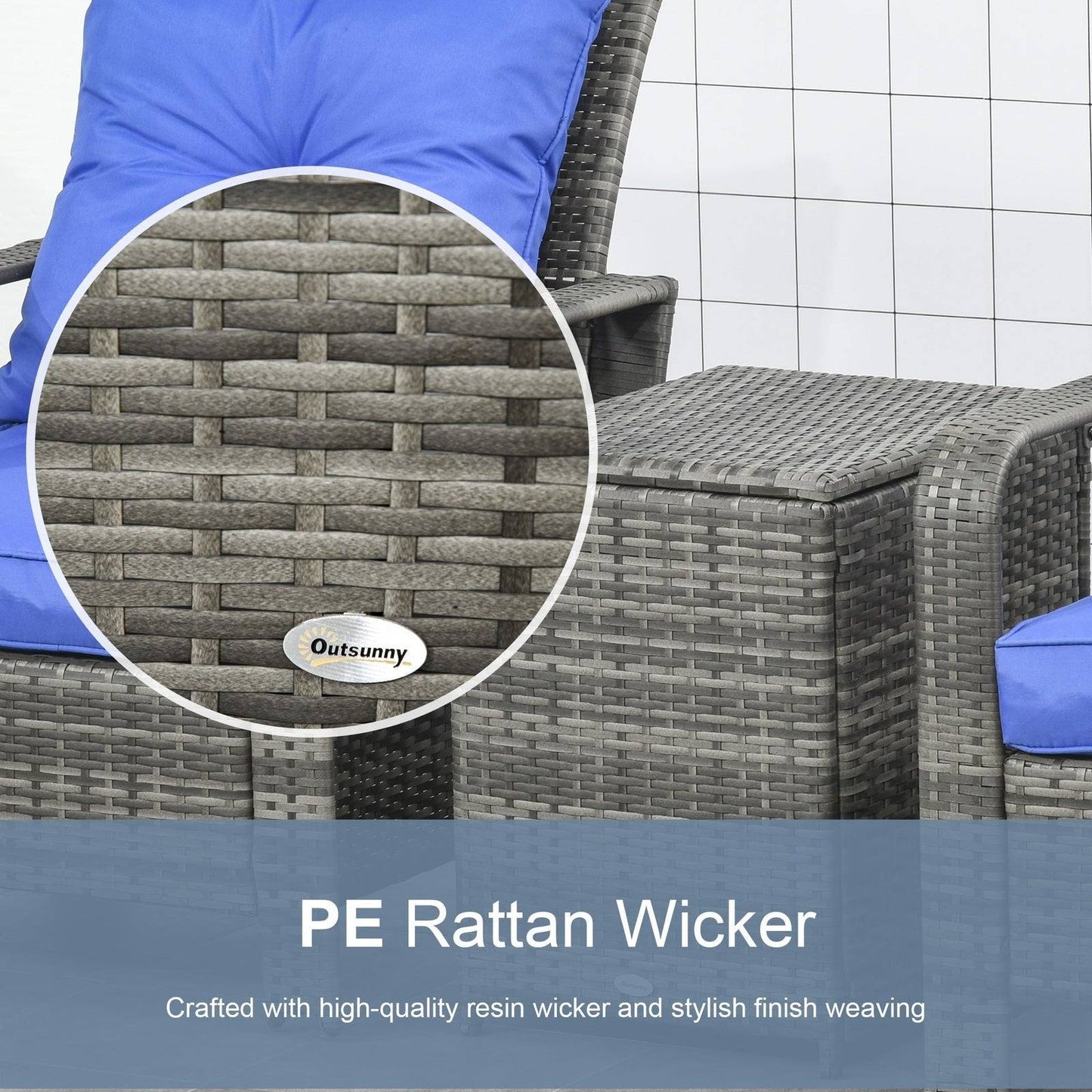 3-Piece PE Rattan Wicker Garden Furniture Patio Bistro Set Weave Conservatory Sofa Storage Table and Chairs Set Blue Cushion Grey Wicker