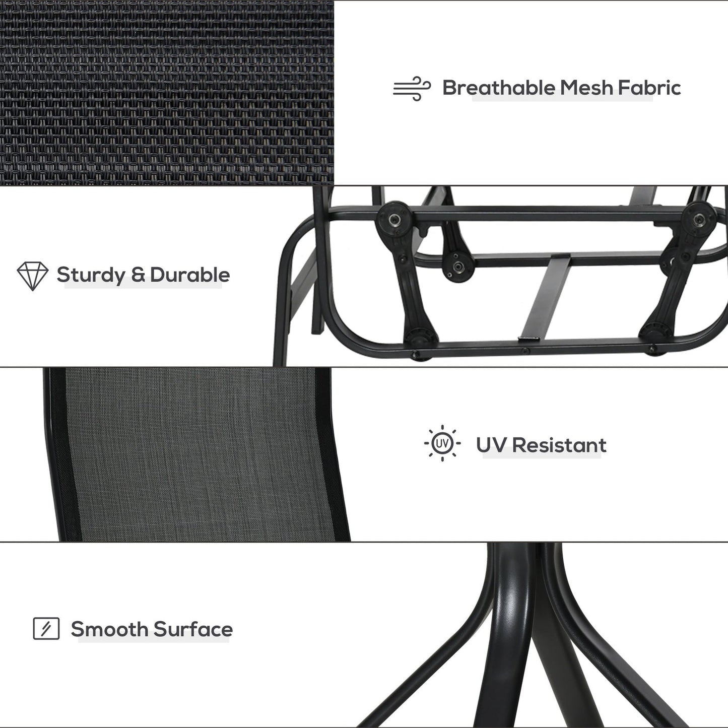 3-Piece Metal Outdoor Gliding Rocking Chair With Tea Table Patio Garden Comfortable Swing Chair Black