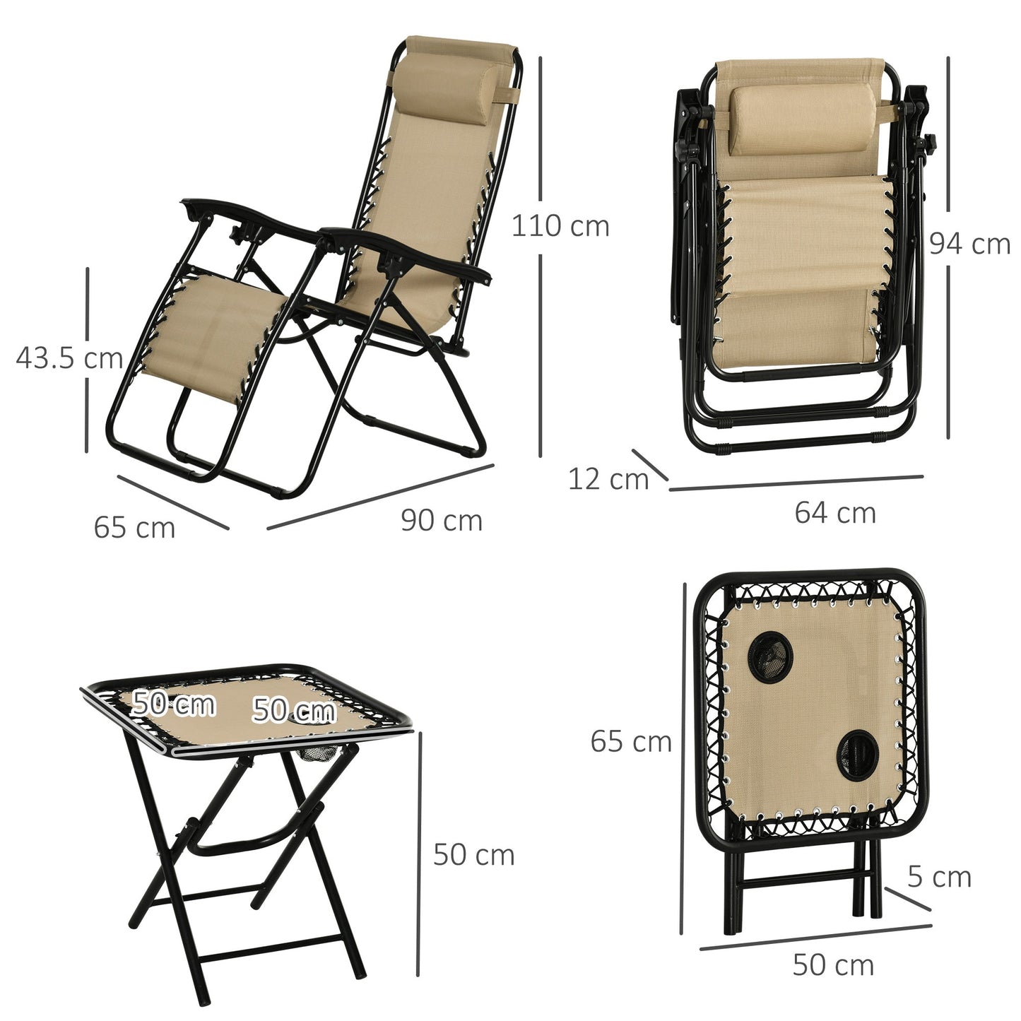 3-Piece Folding Zero Gravity Chairs Sun Lounger Table Set w/ Cup Holders Reclining Garden Yard Pool