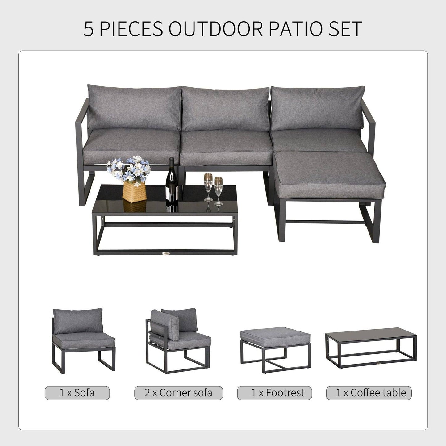 5-Pieces Outdoor Patio Furniture Set with Glass End Table Padded Cushion Grey